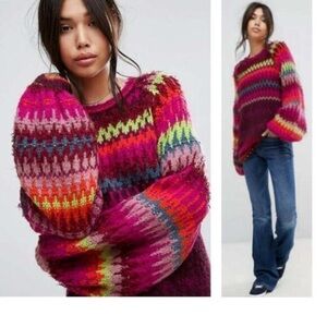 Free People Castle in the Sky Boho Multi Colored Sweater, Oversize Medium